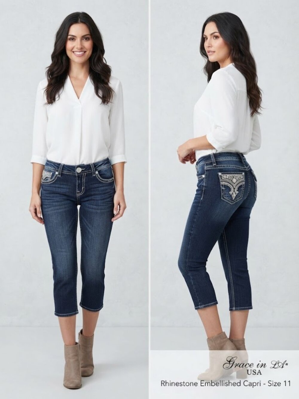 Grace in LA USA Rhinestone Embellished Embroidered Women's Capri Jeans Size 11